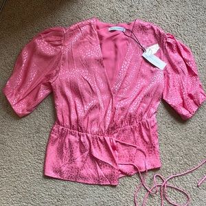 NWT Textured Pink Rebecca Minkoff Wrap Blouse with Puff Sleeves